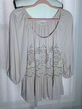 PENELOPE ROSE 3/4 Slve Scoop Neck Dusty Rose Pink w/Embroidery & Eyelet Blouse M